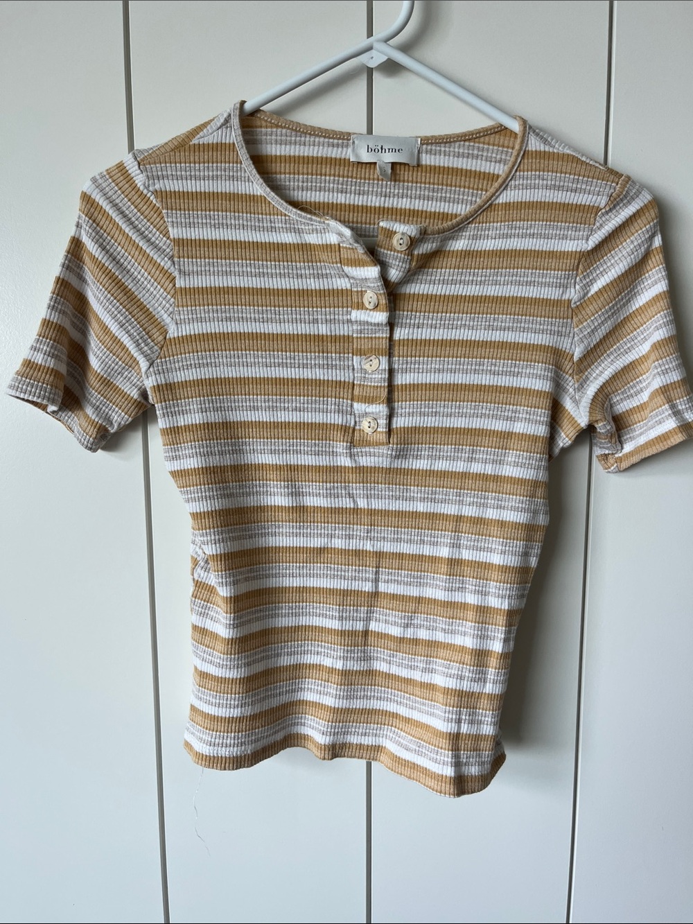 Bohme Mustard & White Striped Ribbed Henley Top